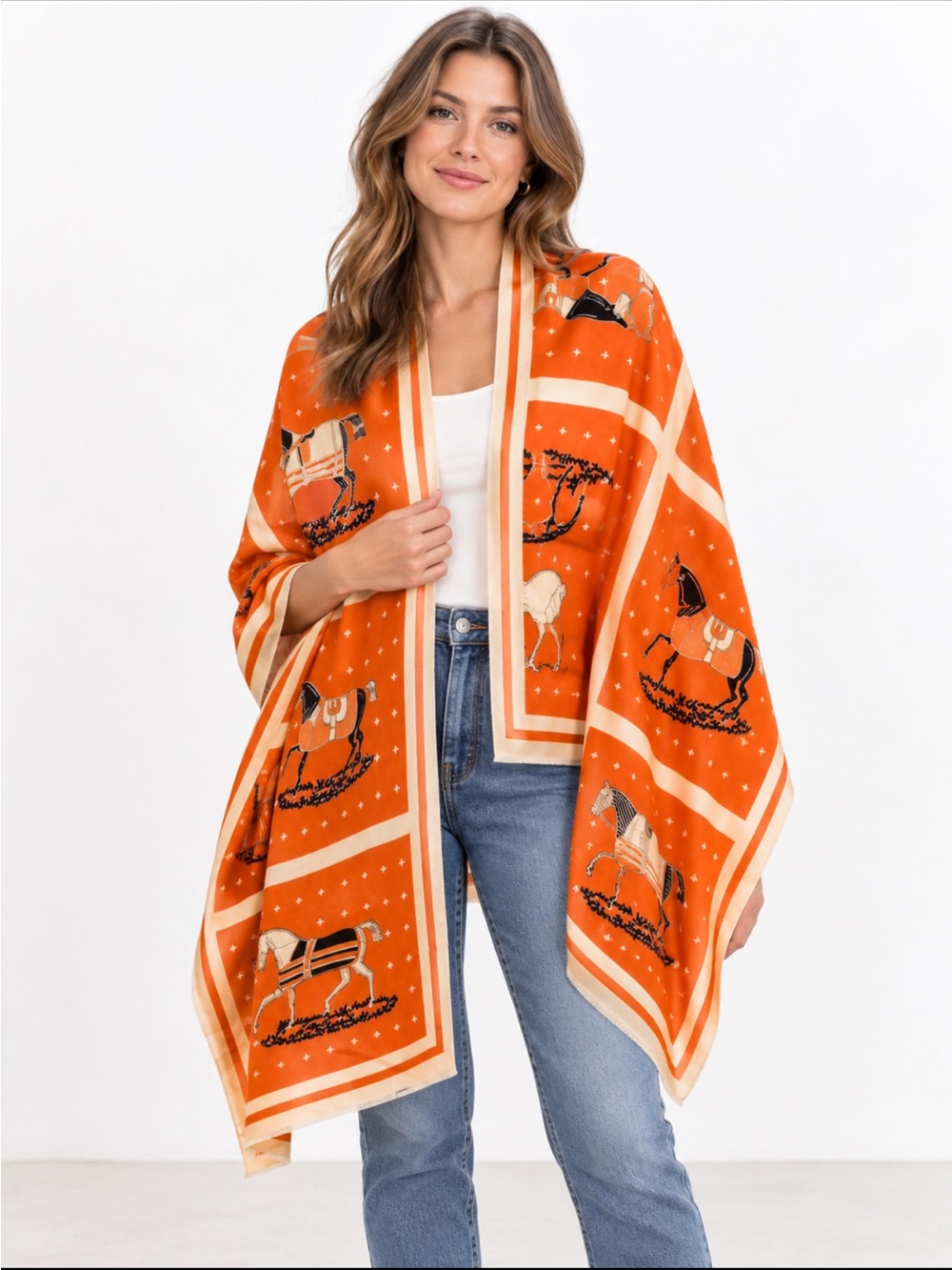 Equestrian Print Orange Wrap or Scarf NEW in Packaging